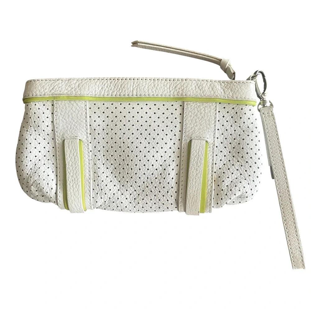 FRANCESCO BIASIA White Calf Leather Lime Green Perforated Clutch Wristlet Women